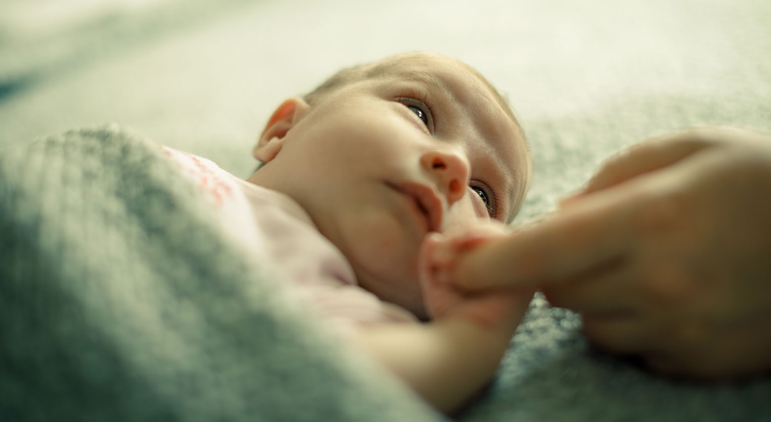 Ein Neugeborenes umfasst mit seinem Händchen den Finger einer Erwachsenen.